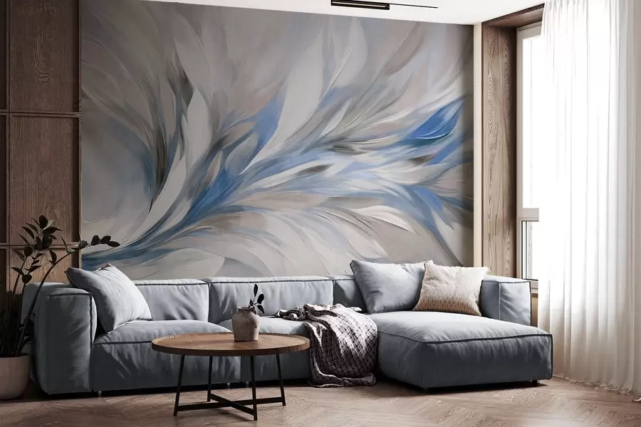 murais de parede Estilo de pintura abstrata com pinceladas texturizadas em branco, azul e cinza, com um fundo suave e claro w09552v1