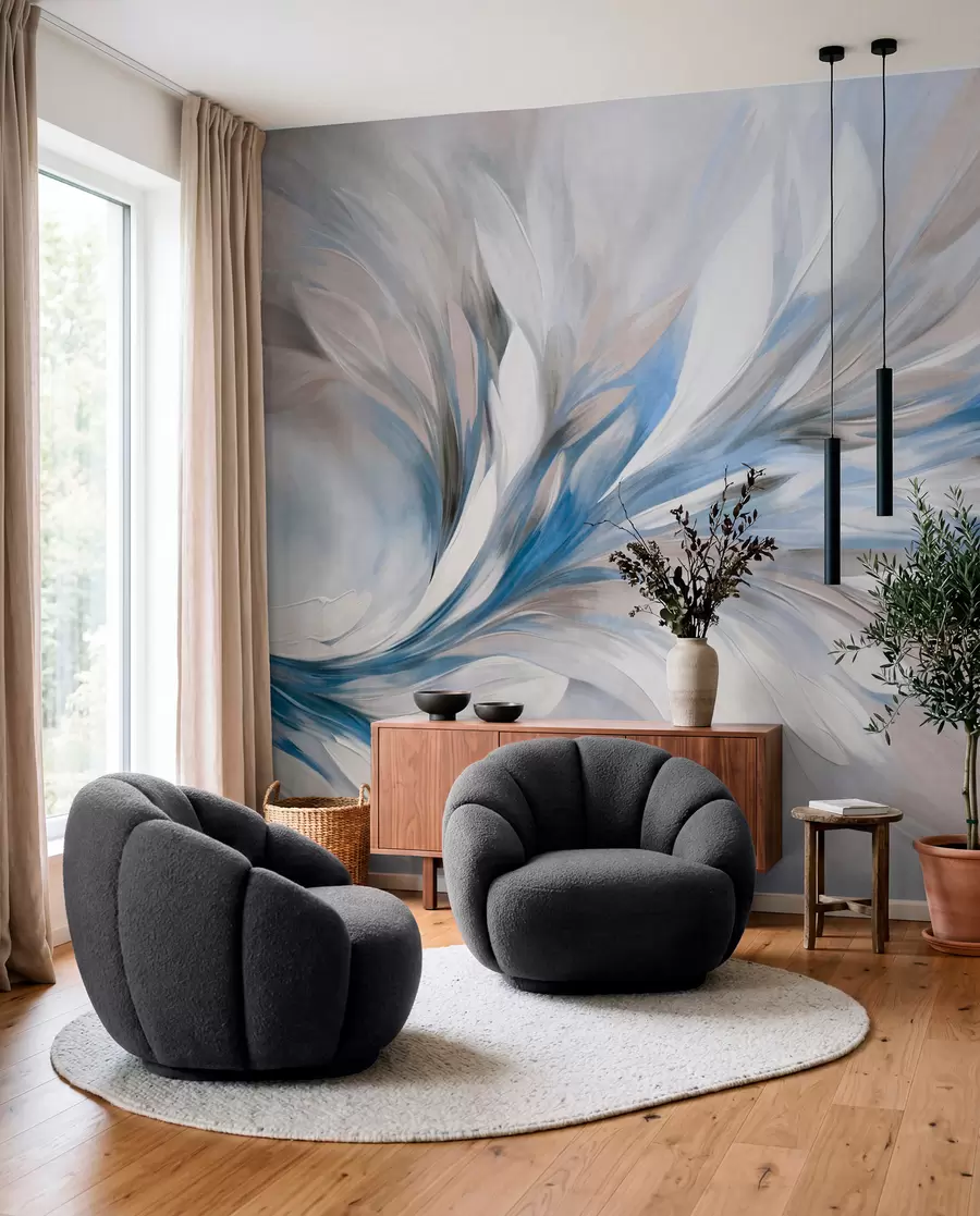 murais de parede Estilo de pintura abstrata com pinceladas texturizadas em branco, azul e cinza, com um fundo suave e claro w09552v1