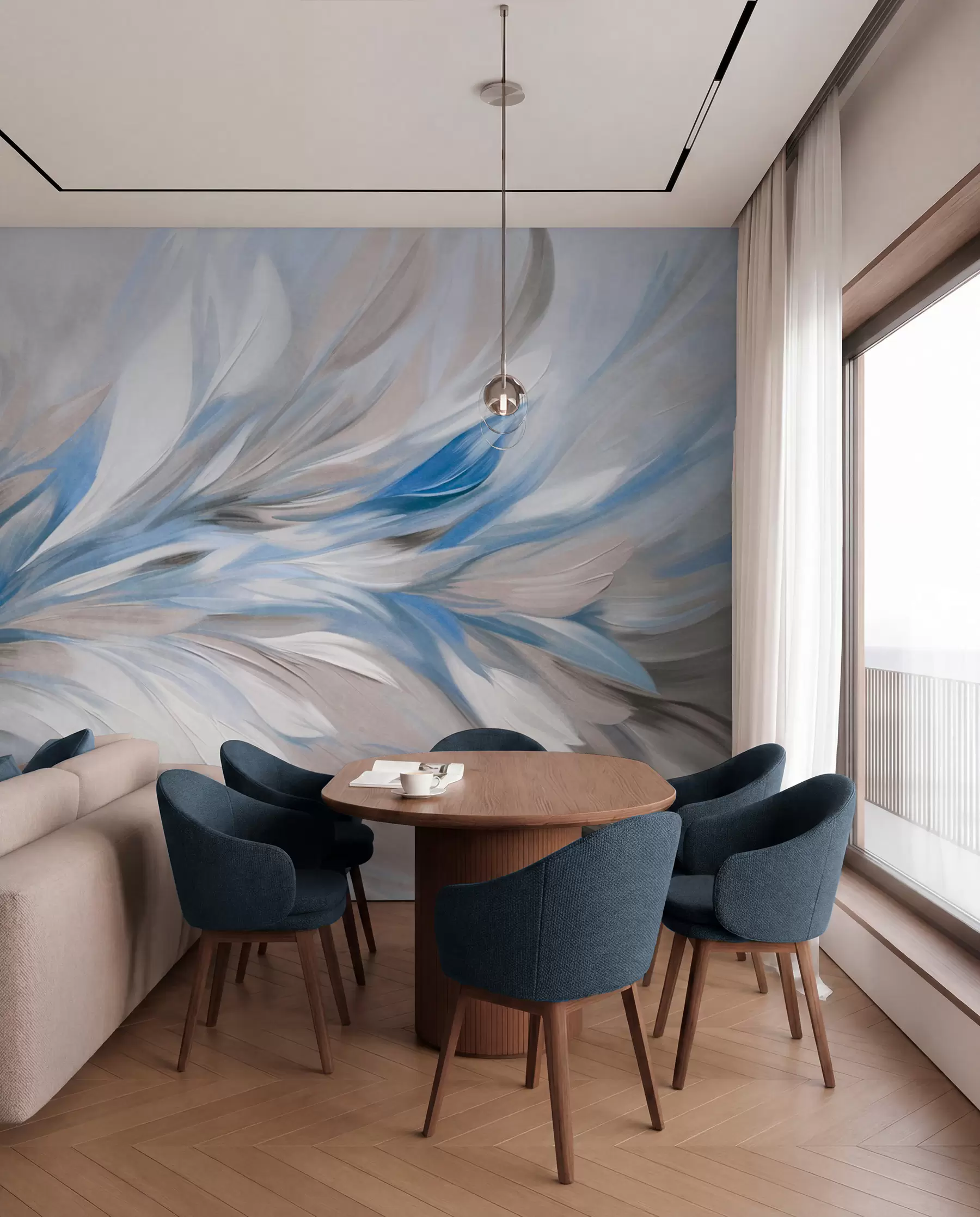 murais de parede Estilo de pintura abstrata com pinceladas texturizadas em branco, azul e cinza, com um fundo suave e claro w09552v1