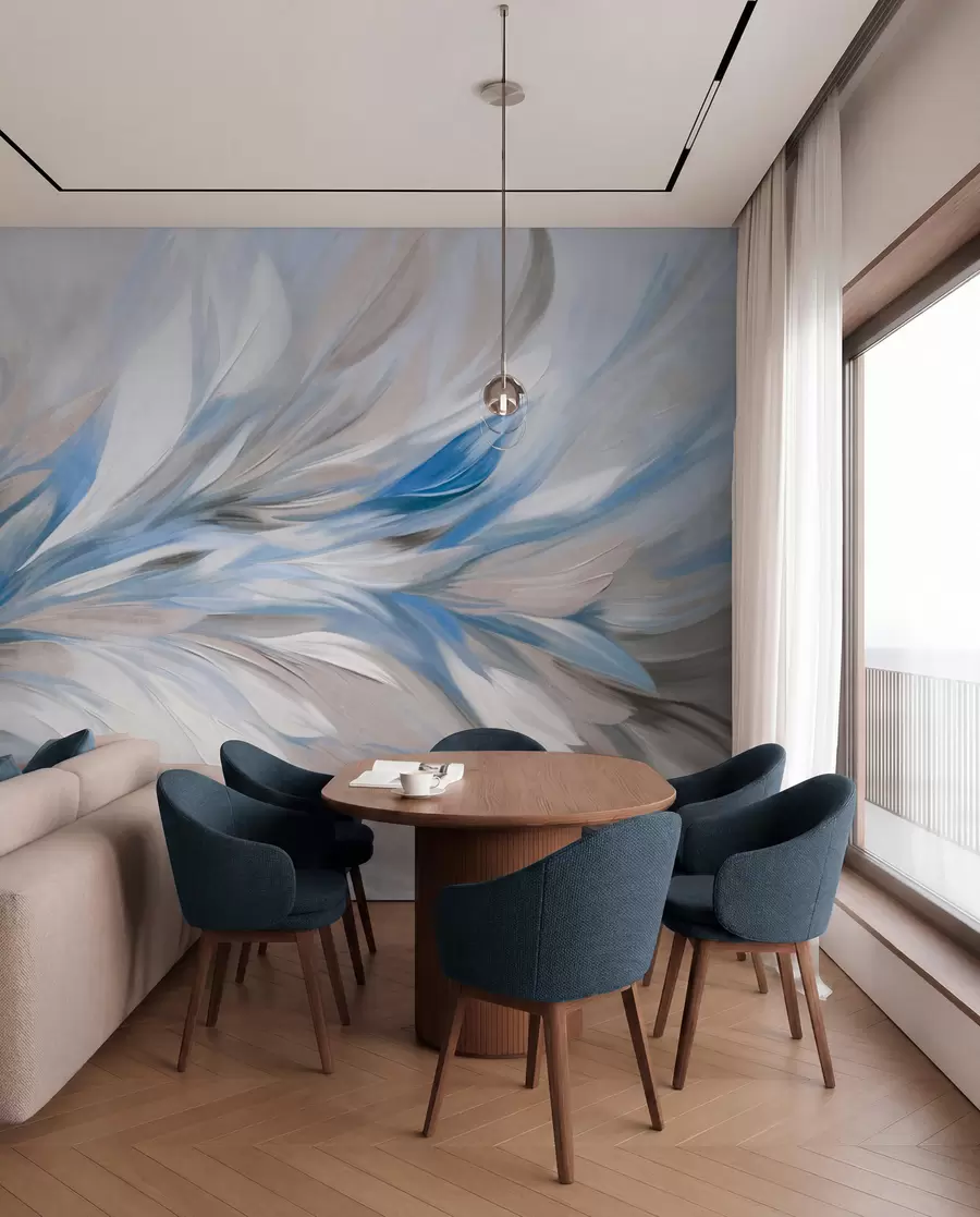 murais de parede Estilo de pintura abstrata com pinceladas texturizadas em branco, azul e cinza, com um fundo suave e claro w09552v1