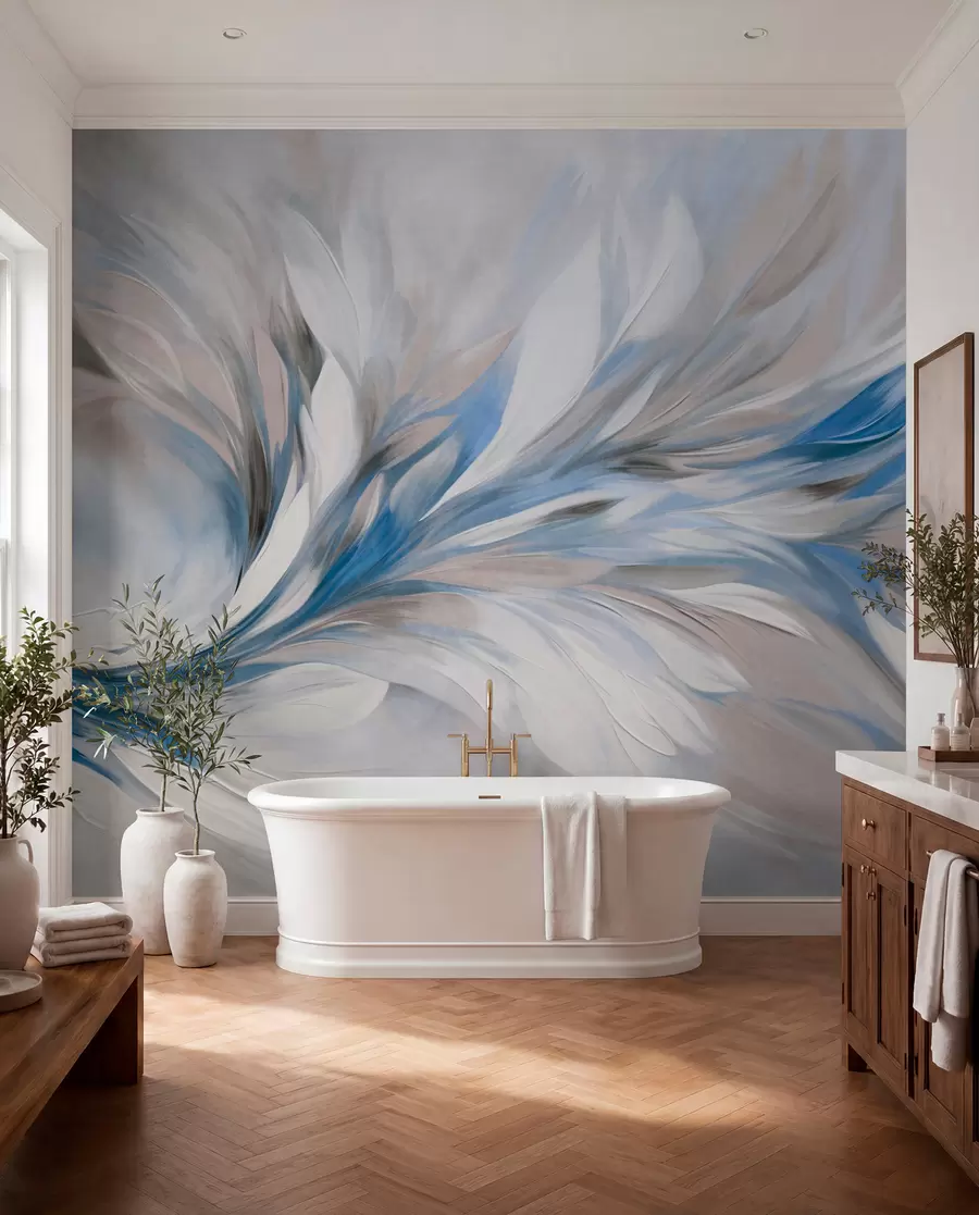 murais de parede Estilo de pintura abstrata com pinceladas texturizadas em branco, azul e cinza, com um fundo suave e claro w09552v1