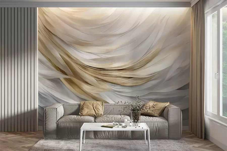 murais de parede Penas abstratas com textura branca, cinzenta e amarela, criando um padrão fluido e em camadas contra um fundo claro w09557