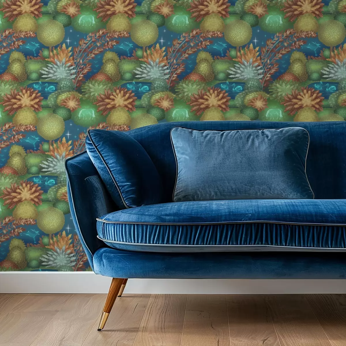 Papel de parede Jardim noturno de conto de fadas com um lago e animais brilhantes a00851