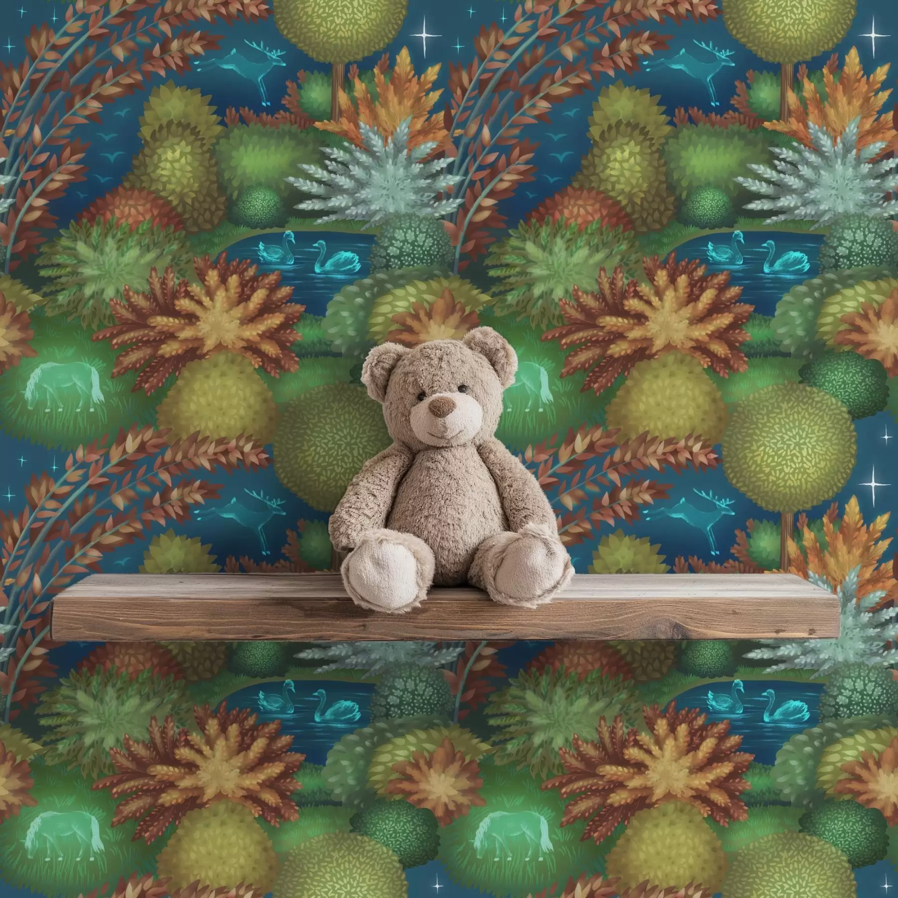 murais de parede Jardim noturno de conto de fadas com um lago e animais brilhantes a00851