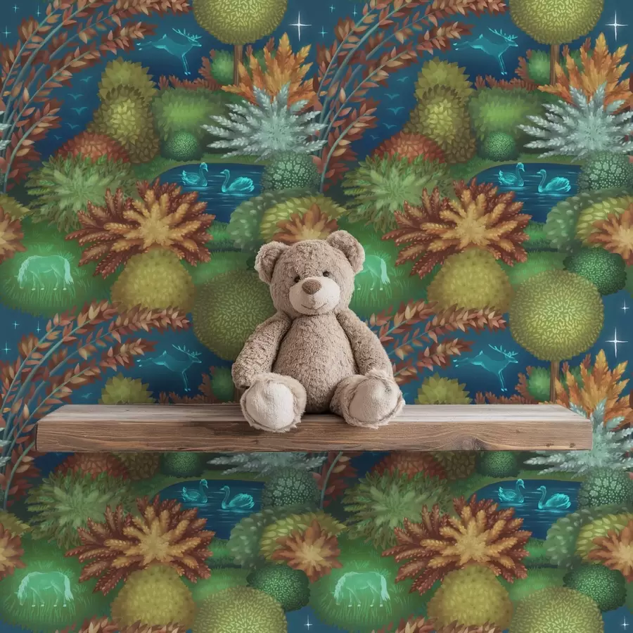 murais de parede Jardim noturno de conto de fadas com um lago e animais brilhantes a00851