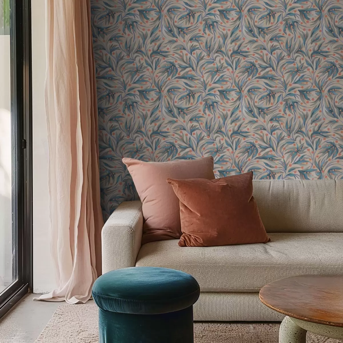 Papel de parede Folhagem azul abstrata com flores corais a00852