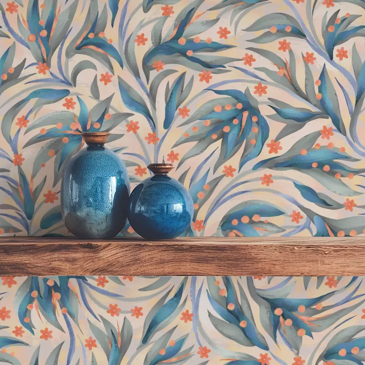 Papel de parede Folhagem azul abstrata com flores corais a00852