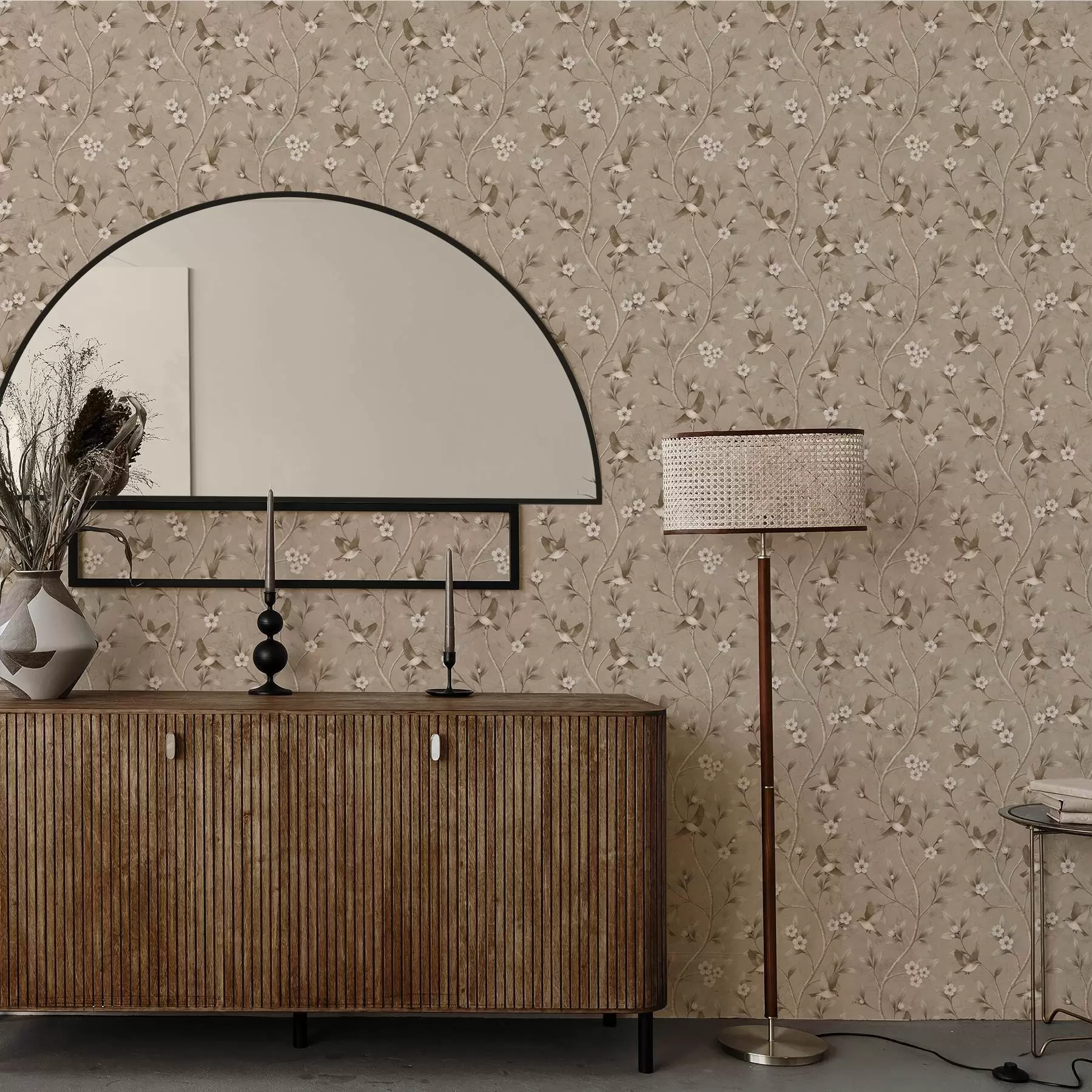 murais de parede Pássaros e ramos floridos em tons sépia quentes a00882