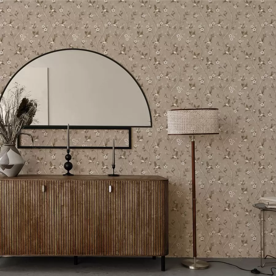 murais de parede Pássaros e ramos floridos em tons sépia quentes a00882