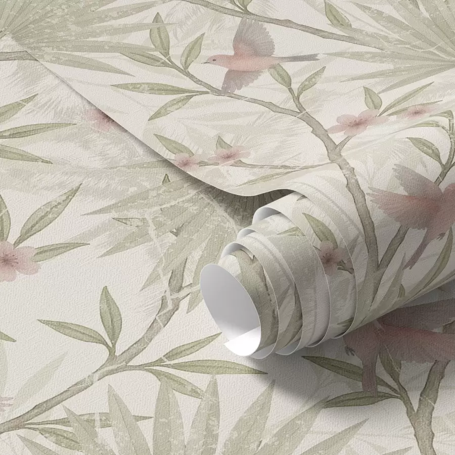 murais de parede Delicados pássaros cor-de-rosa entre folhas de palmeira a00883