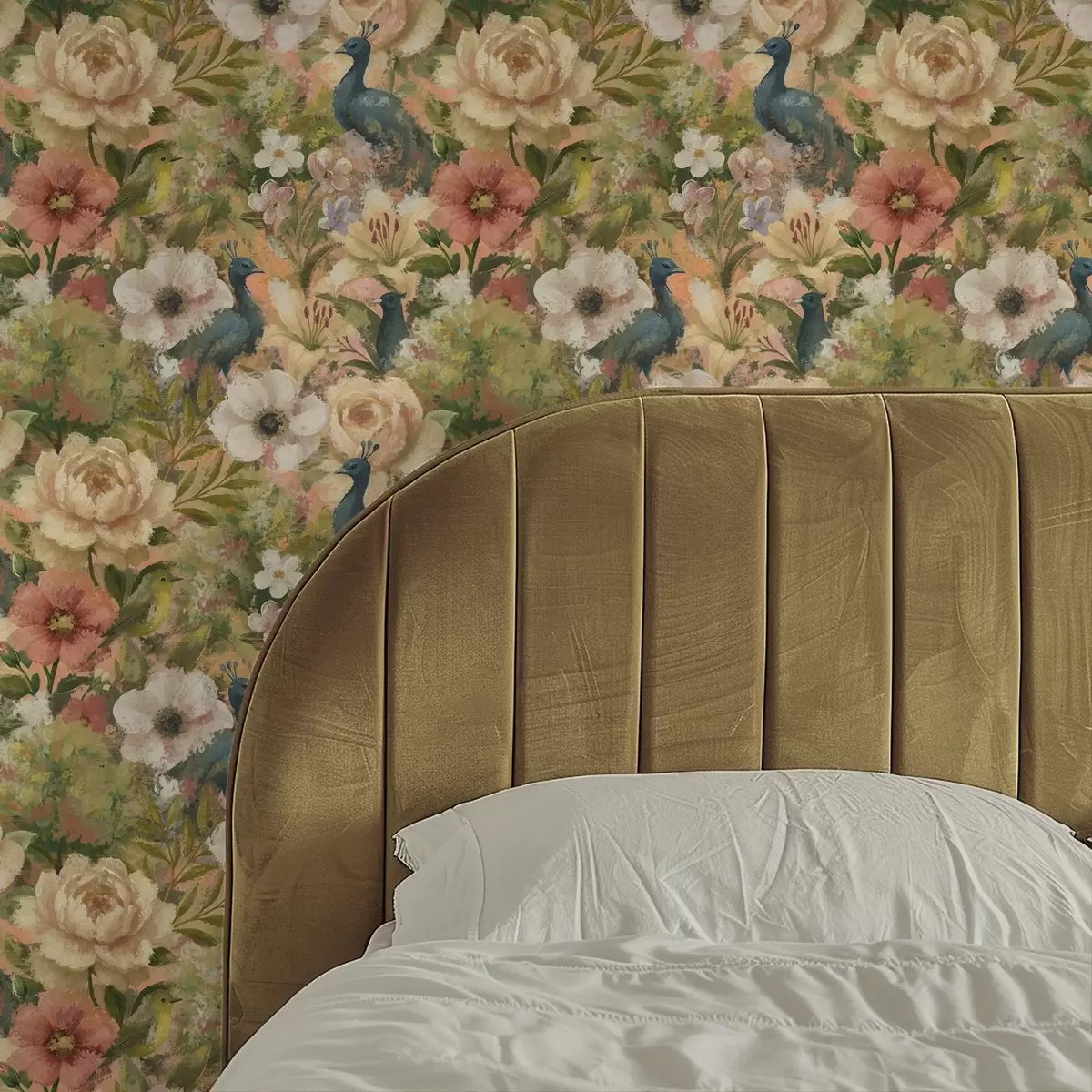 Papel de parede Jardim pitoresco com pavões e flores grandes a00885