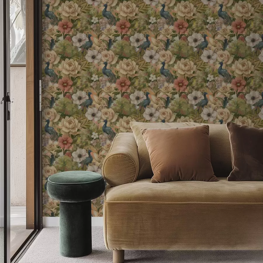 murais de parede Jardim pitoresco com pavões e flores grandes a00885