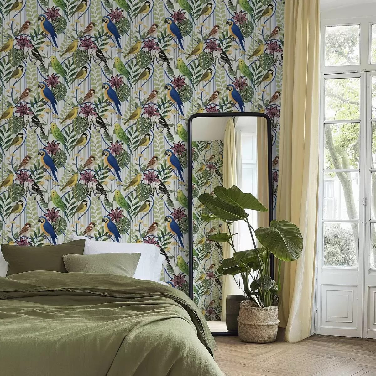 Papel de parede Pássaros exóticos brilhantes entre a vegetação tropical a00887