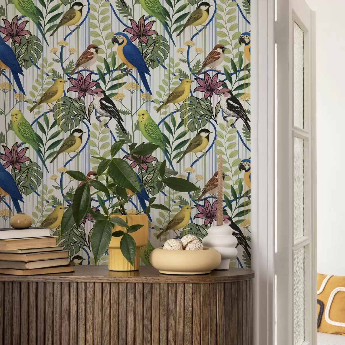 Papel de parede Pássaros exóticos brilhantes entre a vegetação tropical a00887