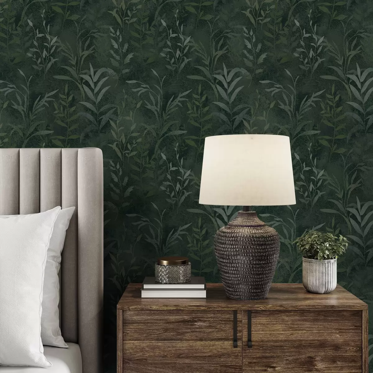 Papel de parede Fundo verde escuro com ramos de folhas translúcidos a00888