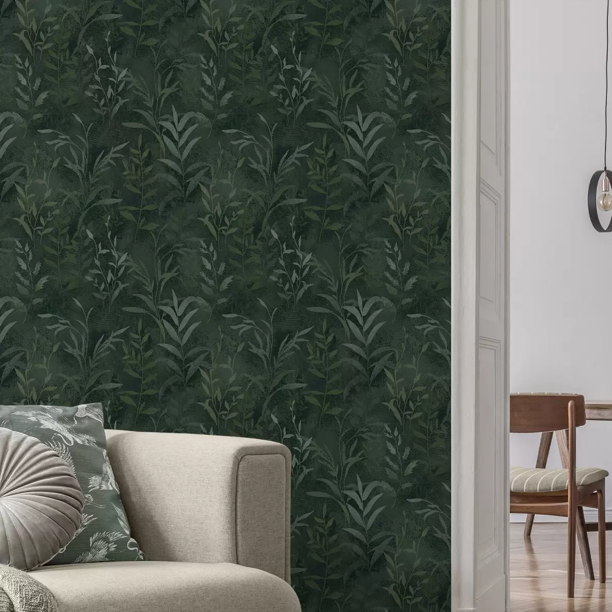 Papel de parede Fundo verde escuro com ramos de folhas translúcidos a00888