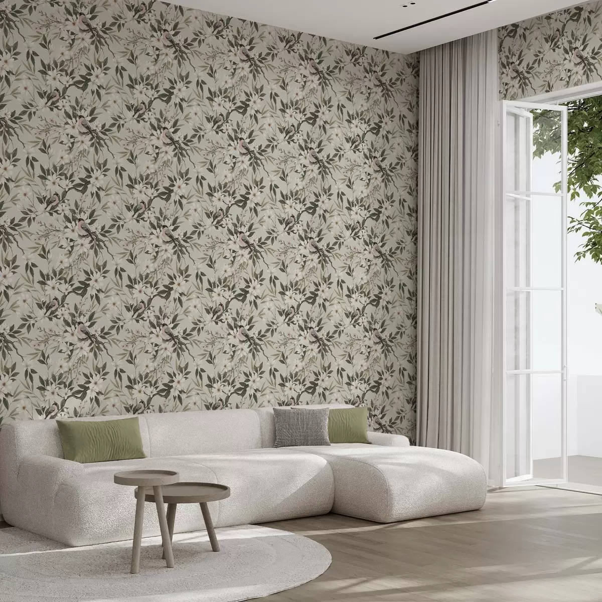 Papel de parede Pintassilgos com peitos brancos em ramos com flores creme a00889