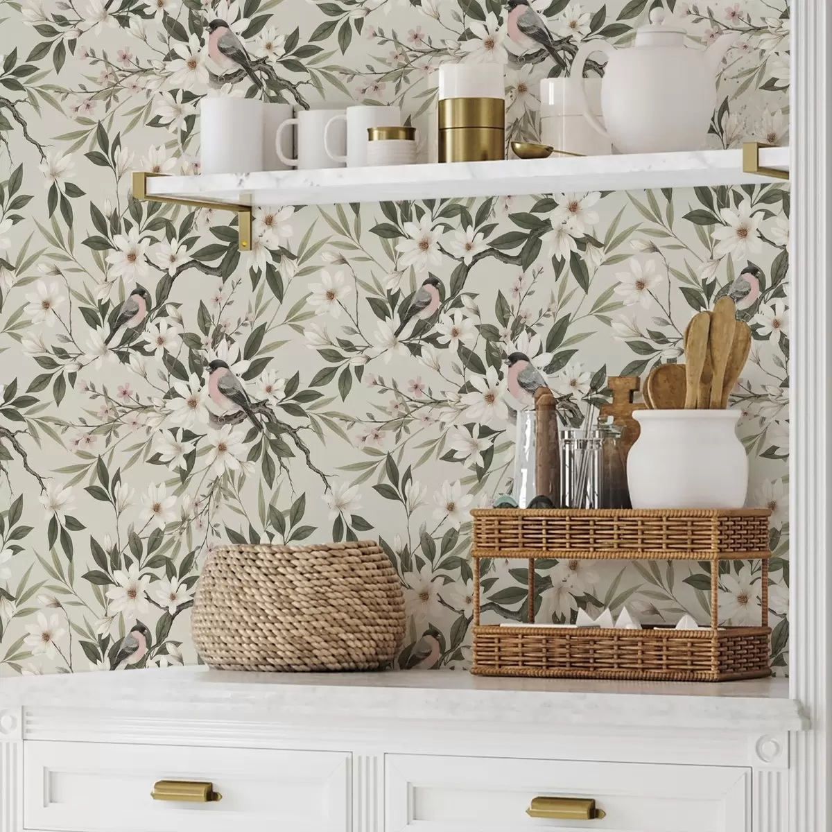 Papel de parede Pintassilgos com peitos brancos em ramos com flores creme a00889