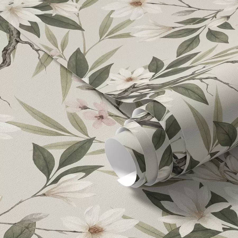 murais de parede Pintassilgos com peitos brancos em ramos com flores creme a00889