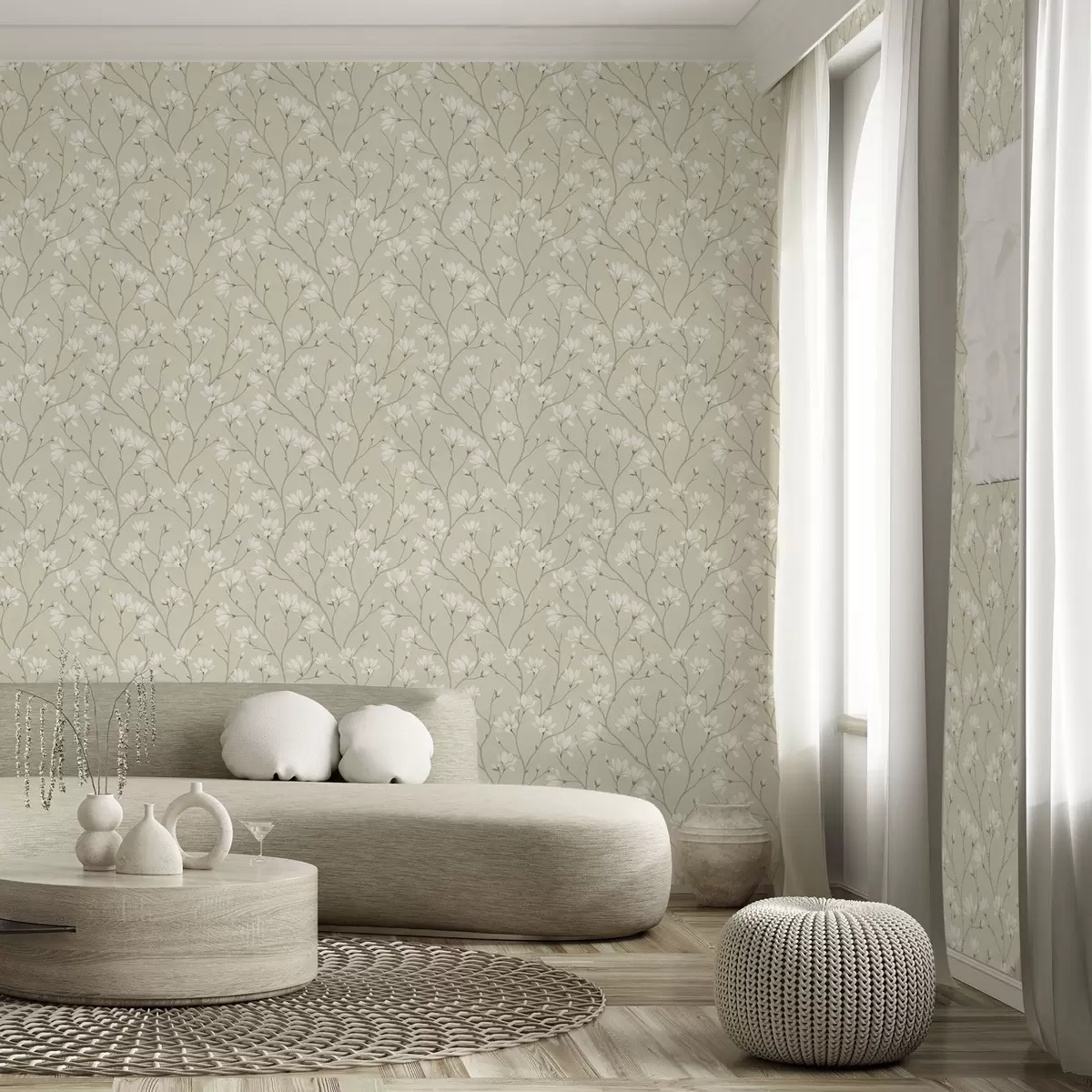 Papel de parede Magnólias claras em ramos finos bege a00890