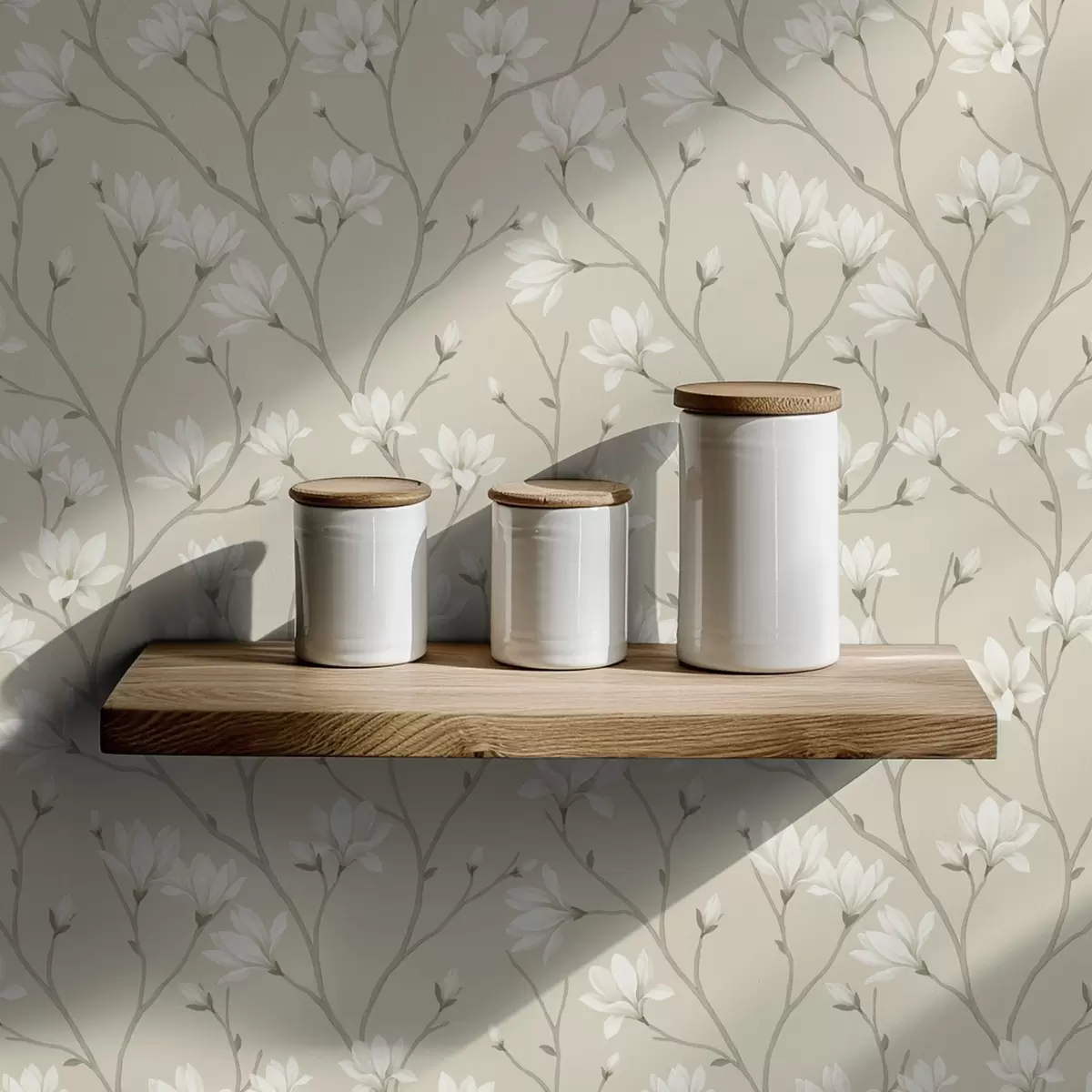 Papel de parede Magnólias claras em ramos finos bege a00890