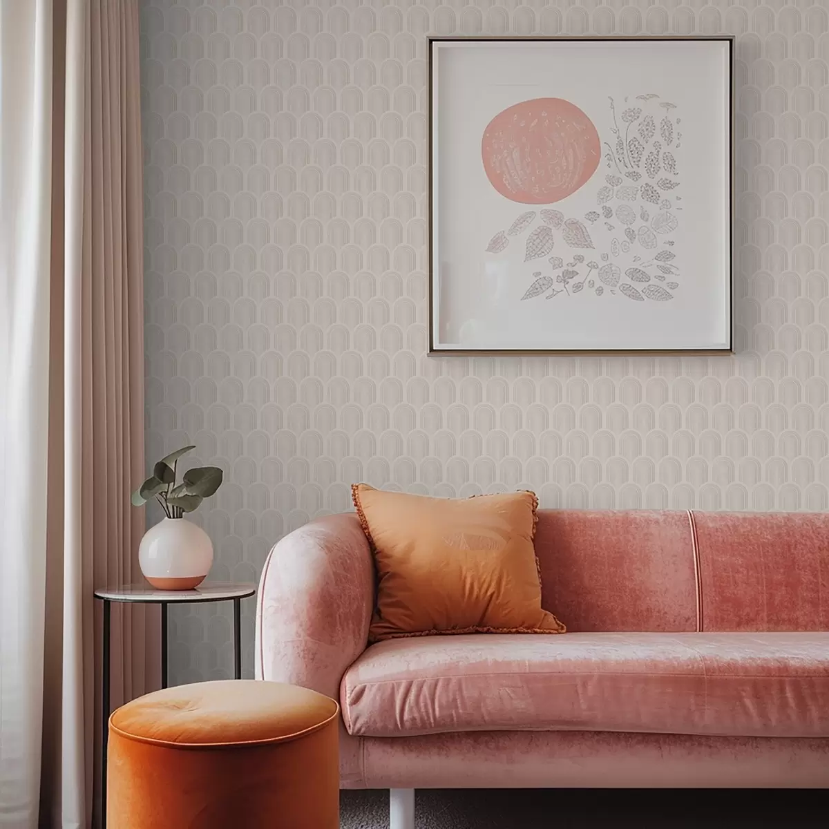 Papel de parede Fileira de formas em arco com riscas bege suaves, estilo retro a00923