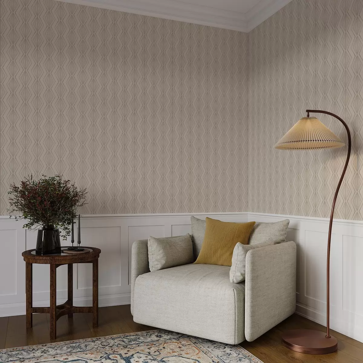 Papel de parede Ornamento leve em diamante em tons suaves de bege a00925v2