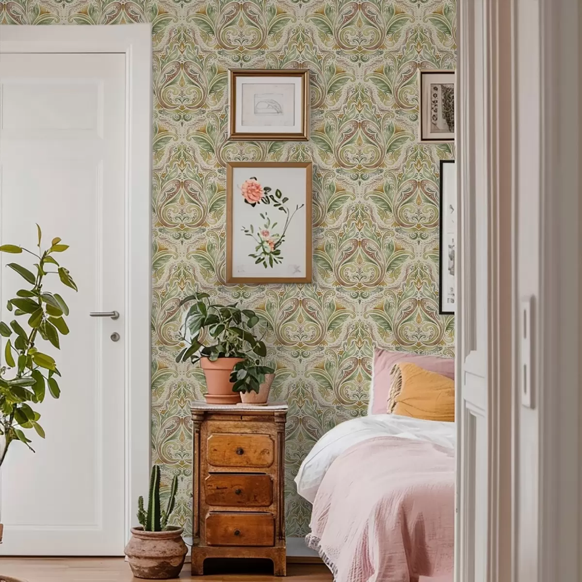 Papel de parede Espirais folhosas em tons de verde e ocre quente, pintadas em aquarela a00927