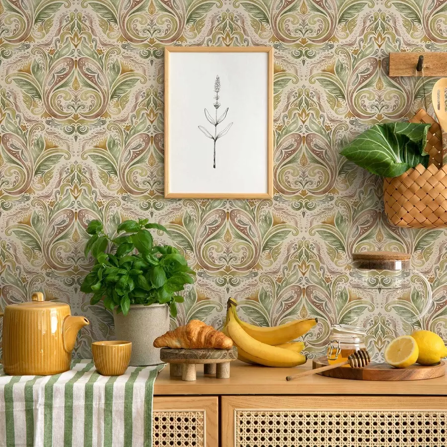 murais de parede Espirais folhosas em tons de verde e ocre quente, pintadas em aquarela a00927