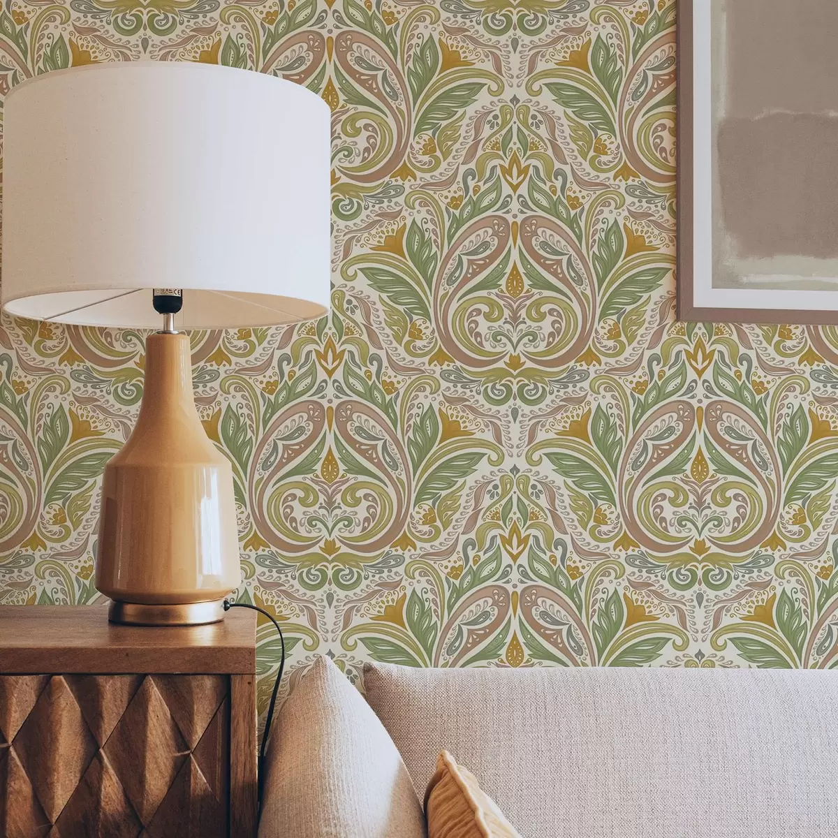 Papel de parede Espirais ornamentais folhosas em tons de verde e terracota a00927v1