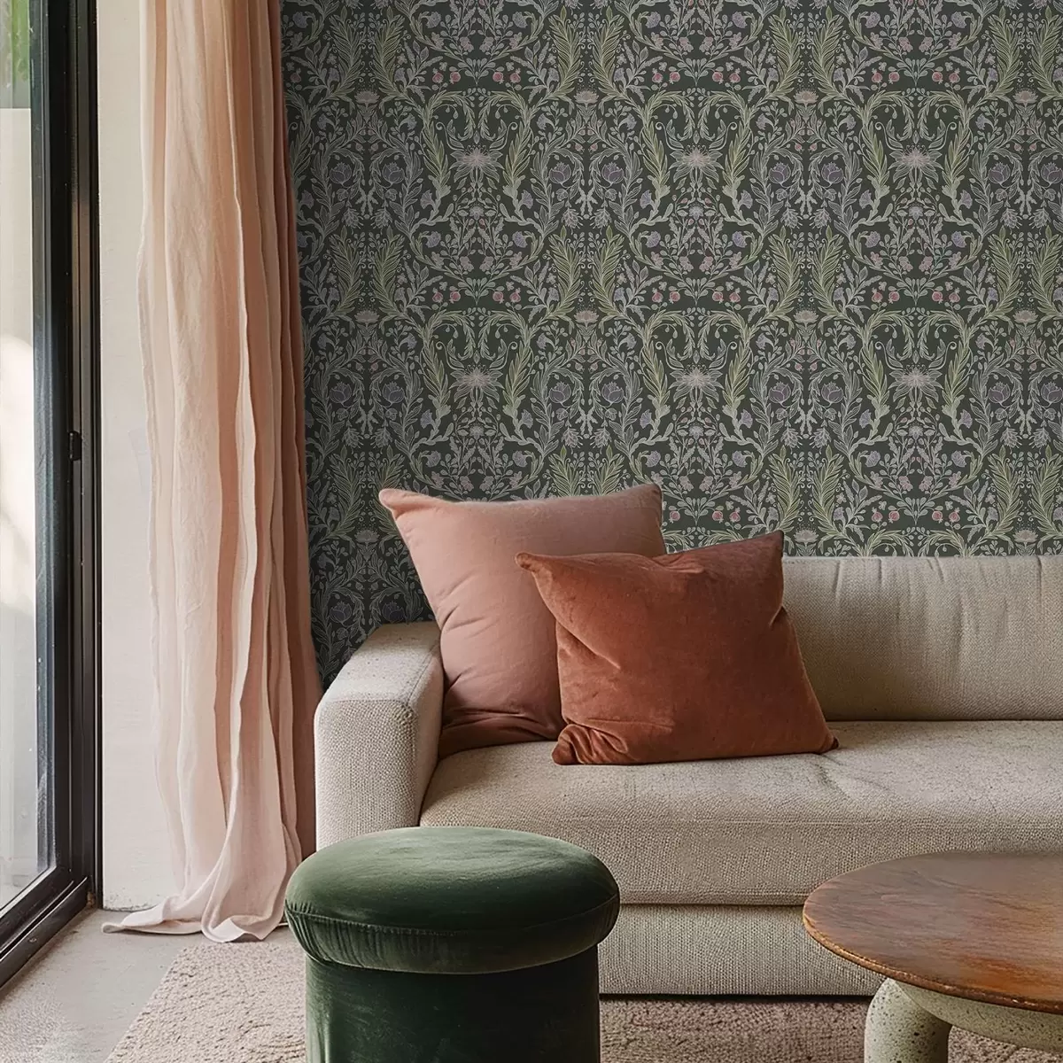 Papel de parede Ornamento floral simétrico sobre fundo verde escuro a00928