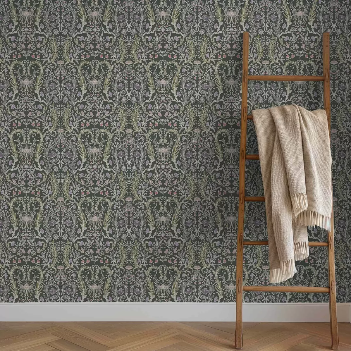 Papel de parede Ornamento floral simétrico sobre fundo verde escuro a00928