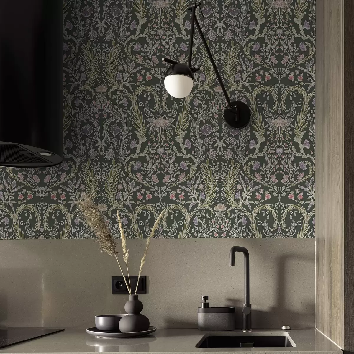 Papel de parede Ornamento floral simétrico sobre fundo verde escuro a00928