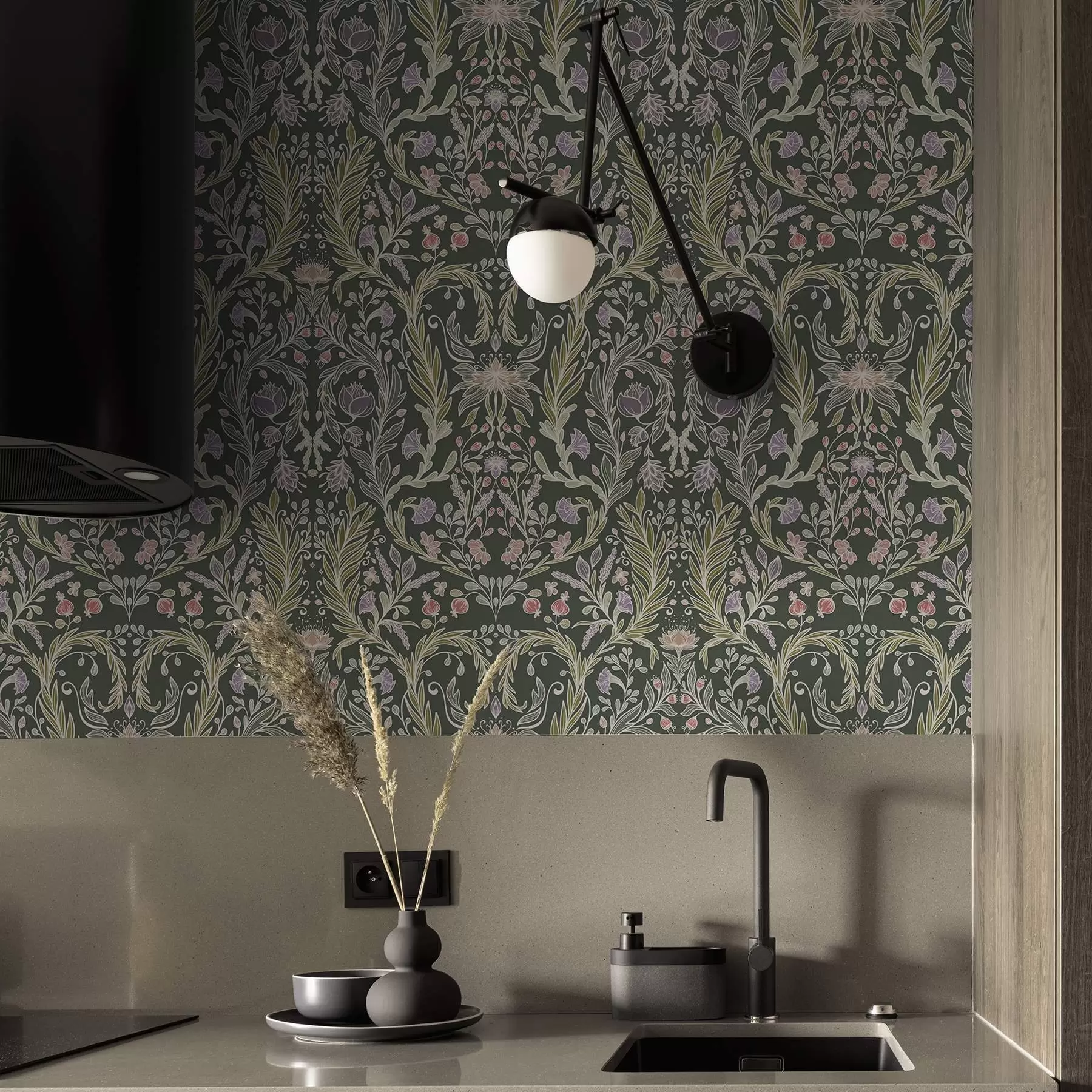 murais de parede Ornamento floral simétrico sobre fundo verde escuro a00928