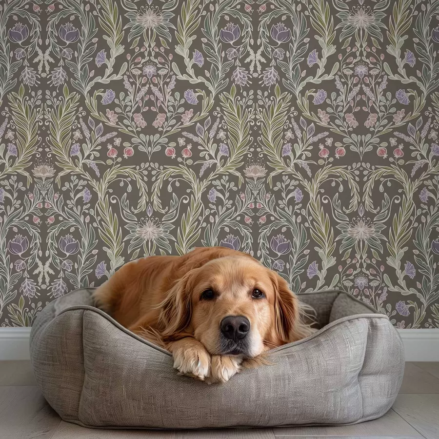 murais de parede Flores e folhas simétricas sobre um fundo cinza acastanhado a00928v2