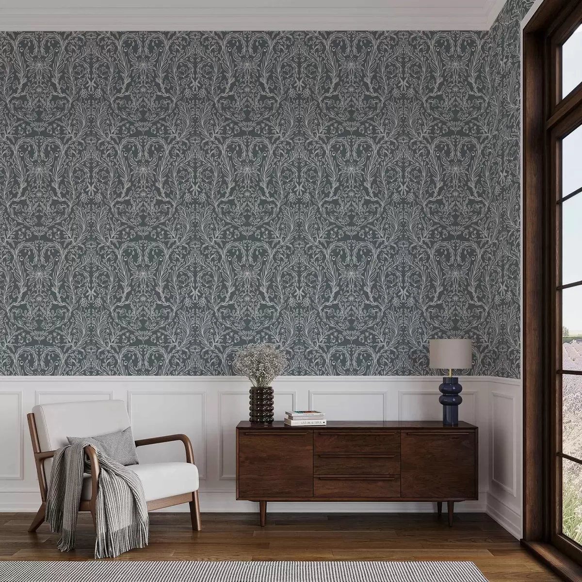 Papel de parede Ornamento floral linear sobre fundo cinza-azulado a00929v1