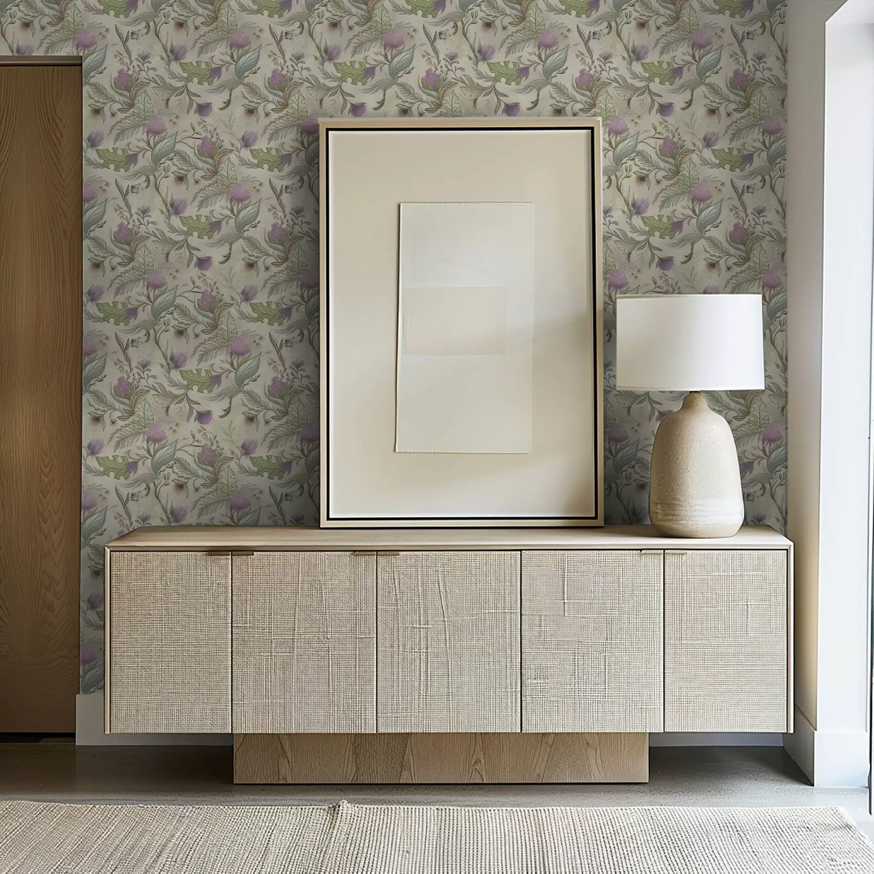 murais de parede Botões lilás e folhagem suave sobre fundo creme a00930v2