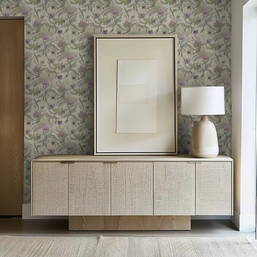 murais de parede Botões lilás e folhagem suave sobre fundo creme a00930v2