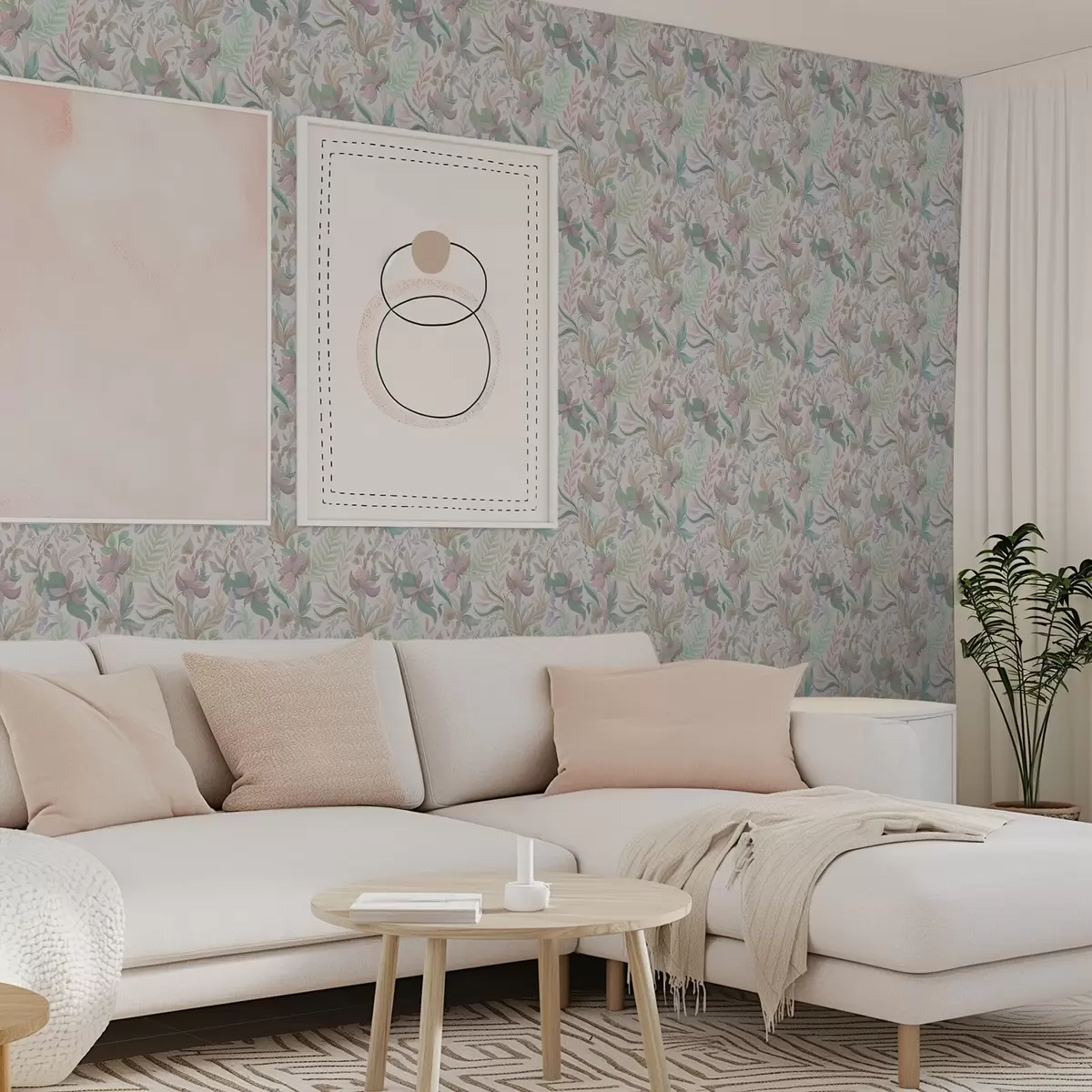 Papel de parede Delicadas flores e folhas em tons pastel sobre um fundo claro a00931
