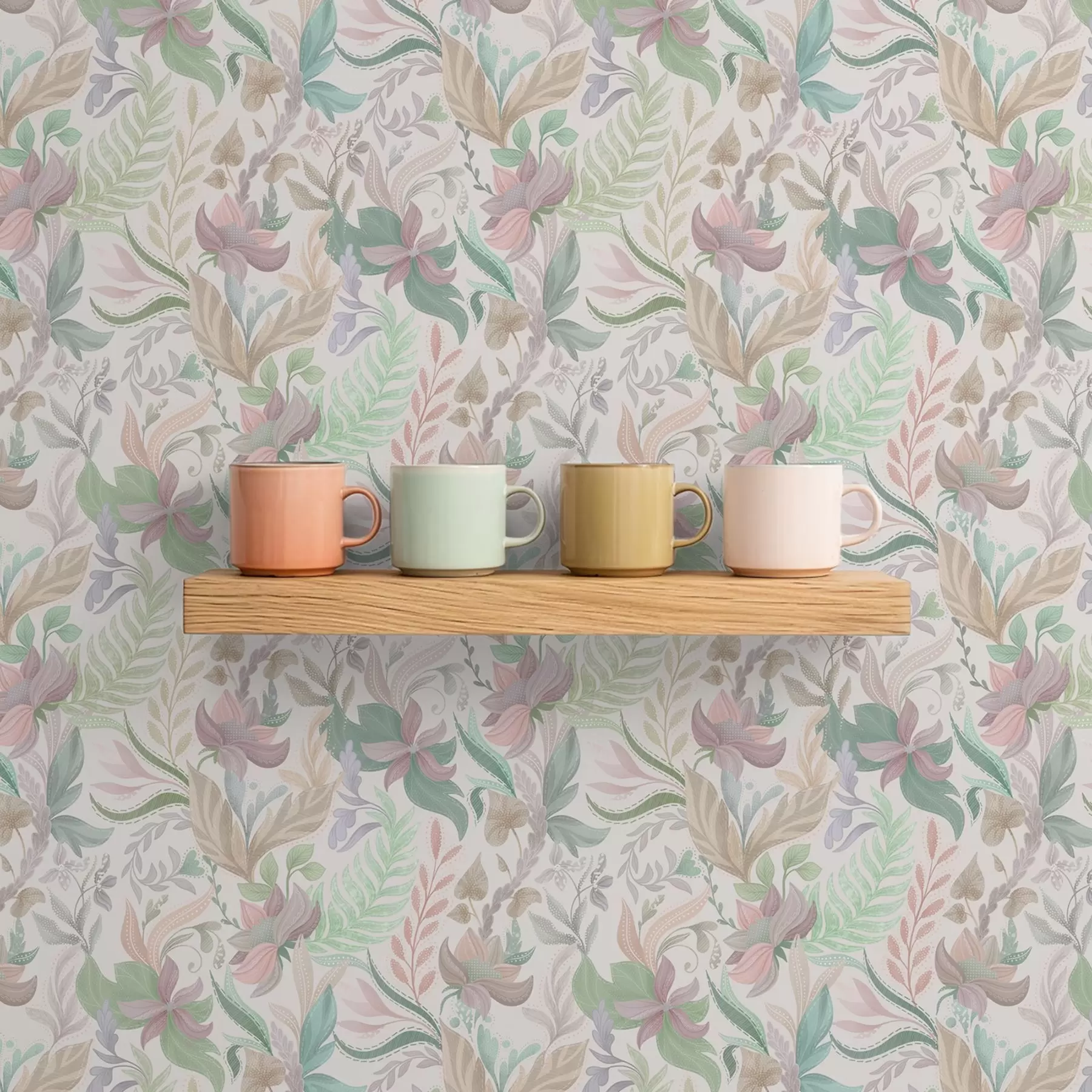 murais de parede Delicadas flores e folhas em tons pastel sobre um fundo claro a00931