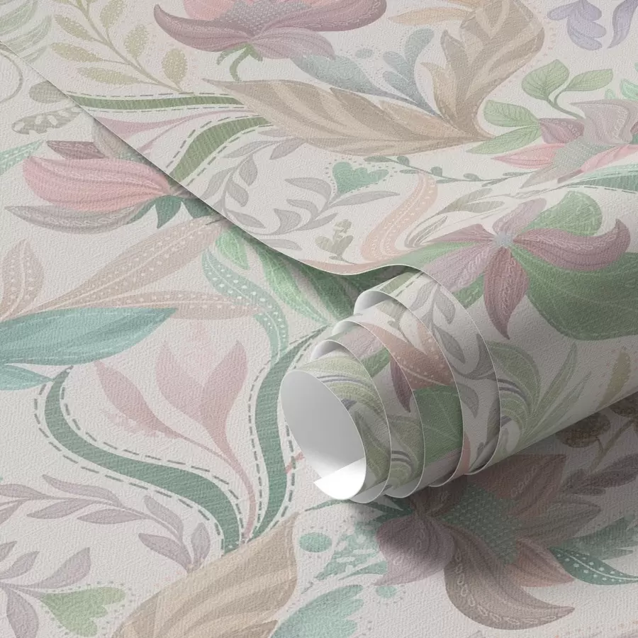 murais de parede Delicadas flores e folhas em tons pastel sobre um fundo claro a00931