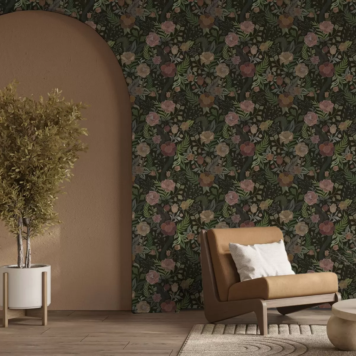 Papel de parede Flores exuberantes e vegetação em um fundo escuro profundo a00932