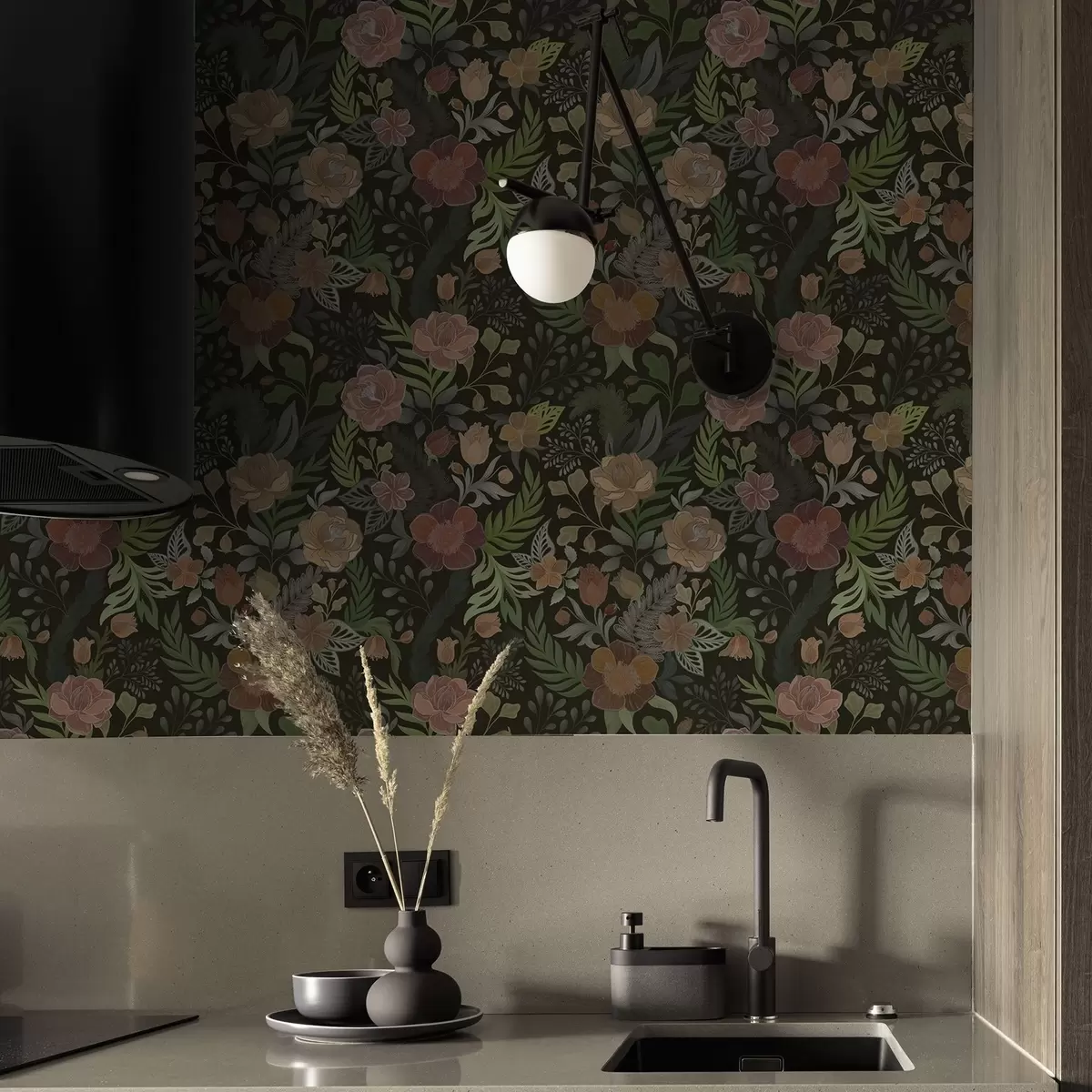 Papel de parede Flores exuberantes e vegetação em um fundo escuro profundo a00932