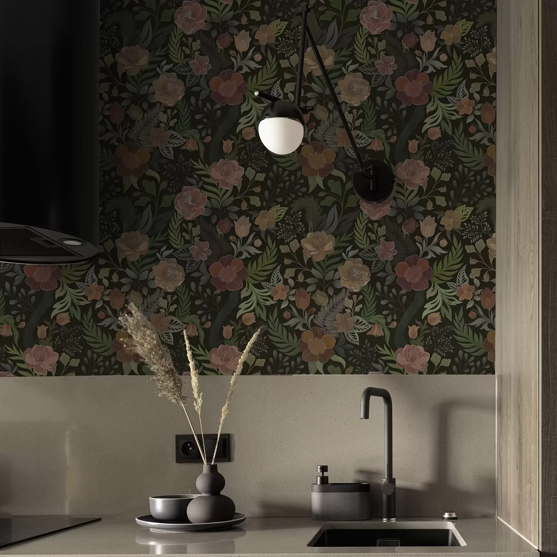 murais de parede Flores exuberantes e vegetação em um fundo escuro profundo a00932