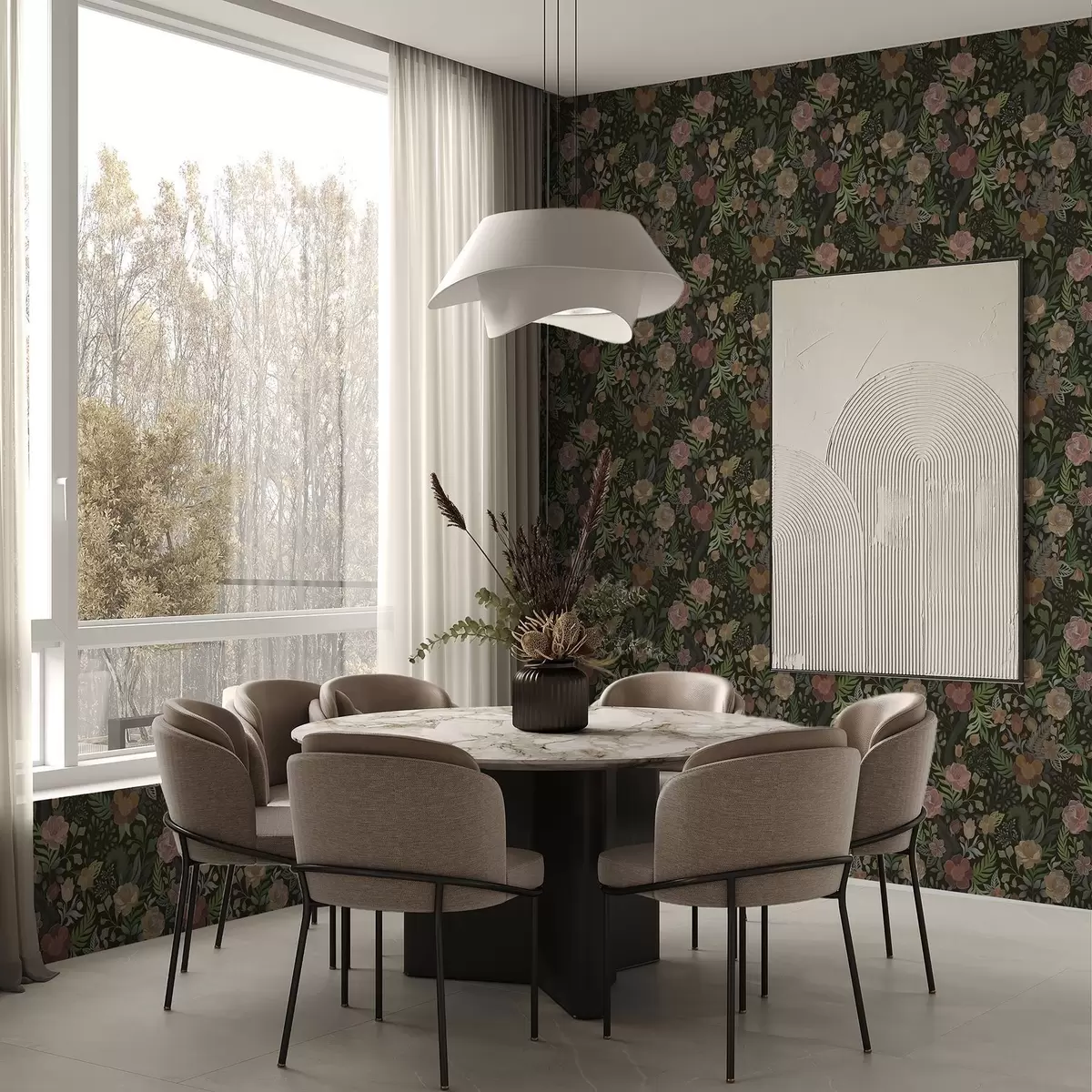 Papel de parede Flores exuberantes e vegetação em um fundo escuro profundo a00932