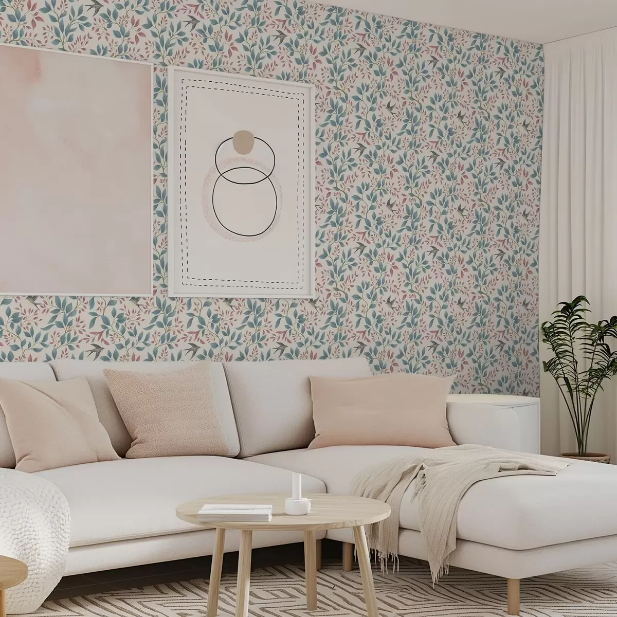 Papel de parede Galhos azuis e rosa com pássaros sobre fundo creme a00933