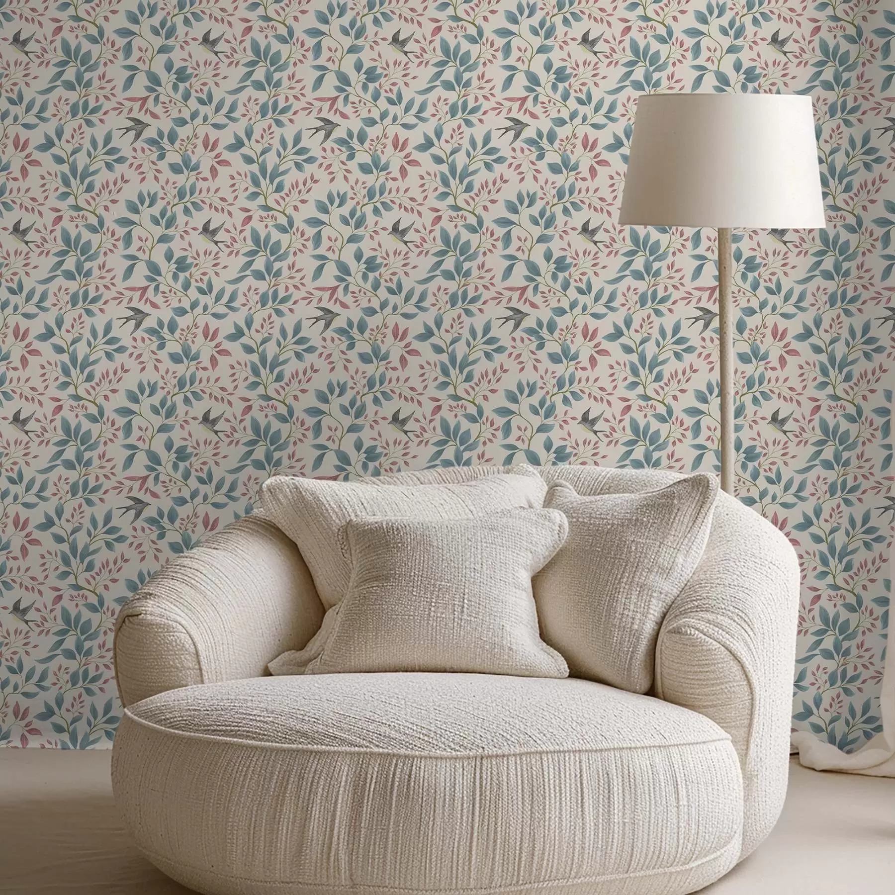 murais de parede Galhos azuis e rosa com pássaros sobre fundo creme a00933