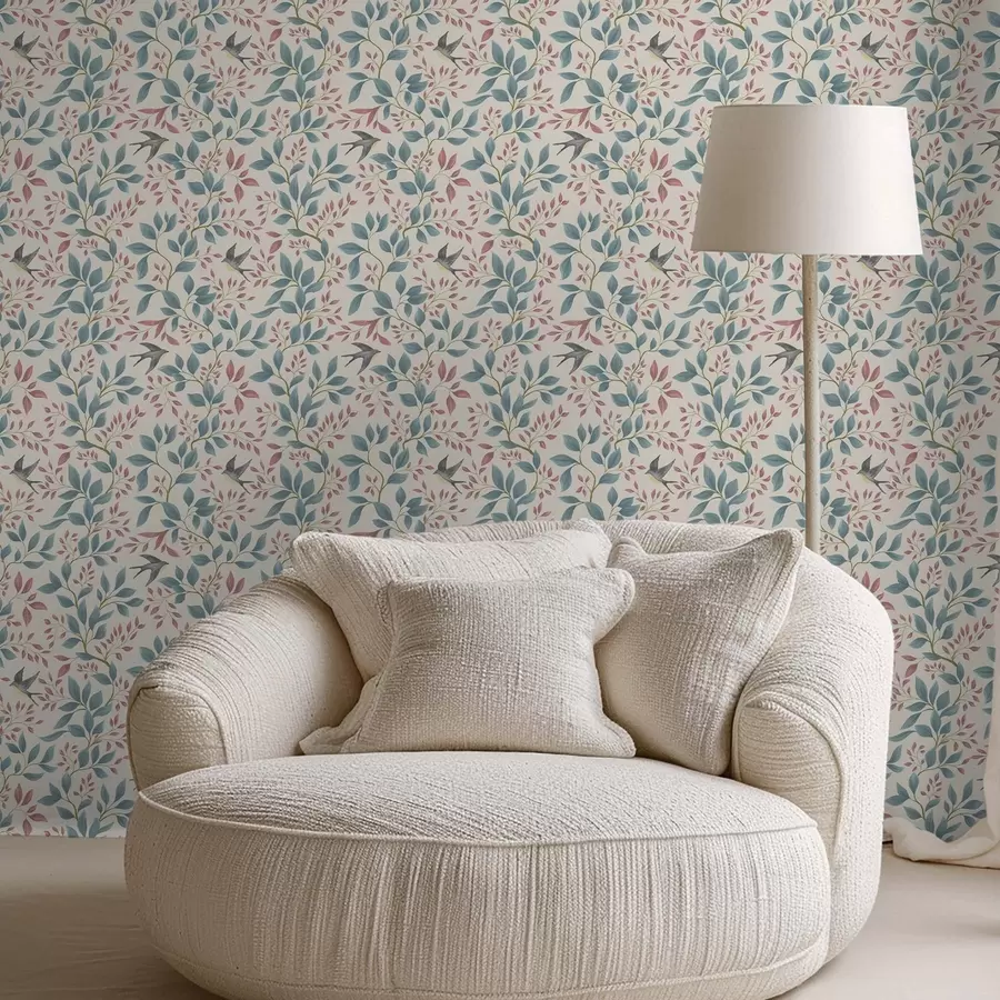 murais de parede Galhos azuis e rosa com pássaros sobre fundo creme a00933