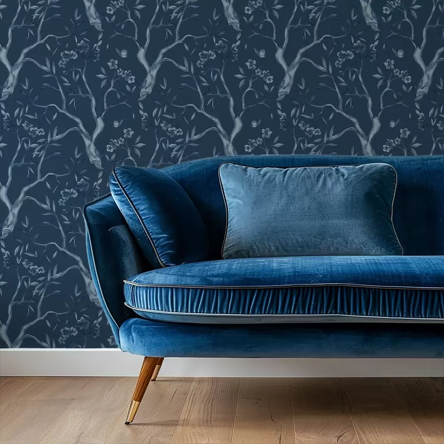 murais de parede Galhos com flores azuis e borboletas sobre um fundo escuro a00951v1