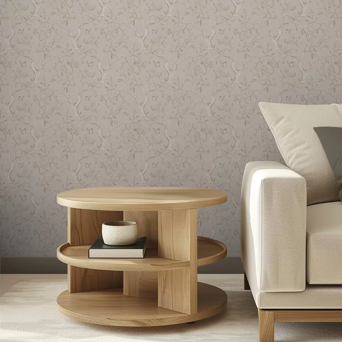 Papel de parede Galhos floridos bege com borboletas num fundo suave a00951v2